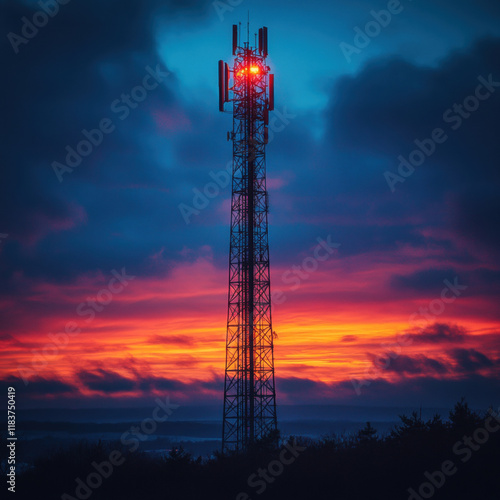 Wallpaper Mural tall communication tower stands against dramatic sunset sky, with vibrant orange and blue hues creating striking contrast. tower lights glow brightly, adding to scene intensity Torontodigital.ca
