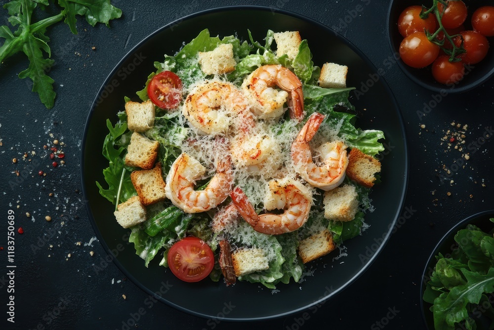 Prawn Caesar salad with croutons greens parmesan and tomato on a black plate against a dark backdrop Overhead view Prawn Caesar salad with croutons greens parmesan and tomato on a black plate against a dark backdrop Overhead view