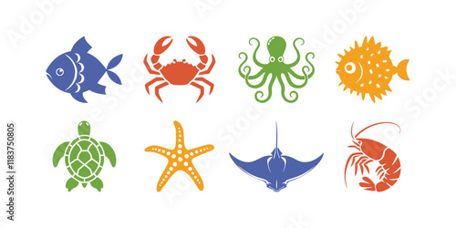 Vector set of marine animal icons in various colors, featuring fish, crab, octopus, pufferfish, turtle, starfish, stingray, and shrimp