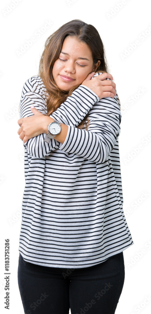 Young beautiful brunette woman wearing stripes sweater over isolated background Hugging oneself happy and positive, smiling confident. Self love and self care Young beautiful brunette woman wearing stripes sweater over isolated background Hugging oneself happy and positive, smiling confident. Self love and self care