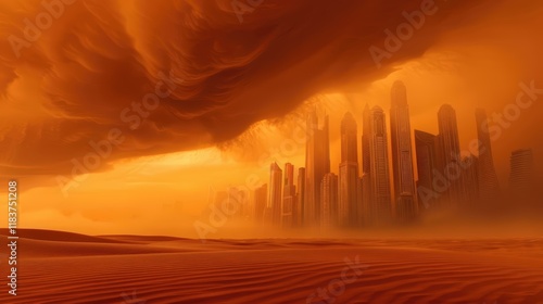 Dramatic sandstorm approaching desert city photo