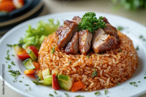 Red rice with fried duck and vegetables presented on a white plate photo