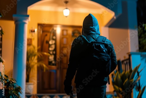 Silhouette of a burglar with a backpack stealthily entering a home s living room at night photo