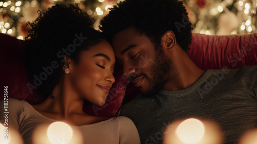 Close-up of a couple sharing a tender gaze on a velvet sofa, surrounded by soft candlelight: The candles flicker warmly, casting romantic shadows on their faces, while plush red an photo