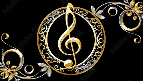 Golden Treble Clef in Ornate Oval Frame with Silver Filigree