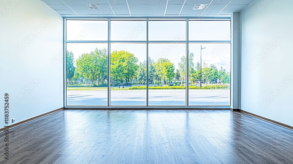 Fototapeta premium Empty Room with Large Windows Overlooking Lush Greenery