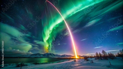 A rocket trail streaking across the northern lights in the Arctic sky