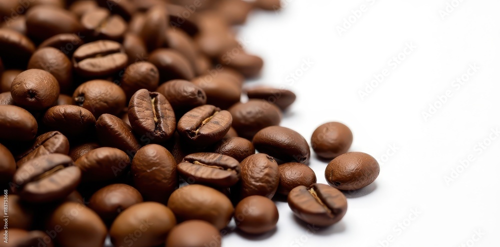 Obraz premium Close-up of coffee beans against white backdrop , energy, aroma, coffee culture