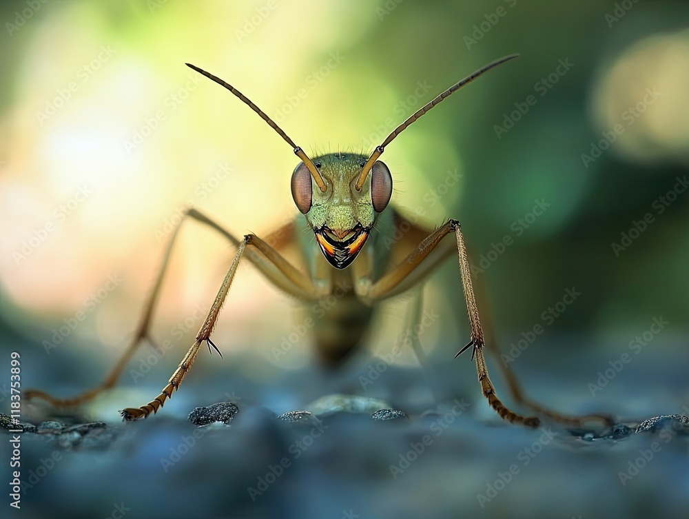 Fototapeta premium Green wasp close-up, ground background, nature macro.