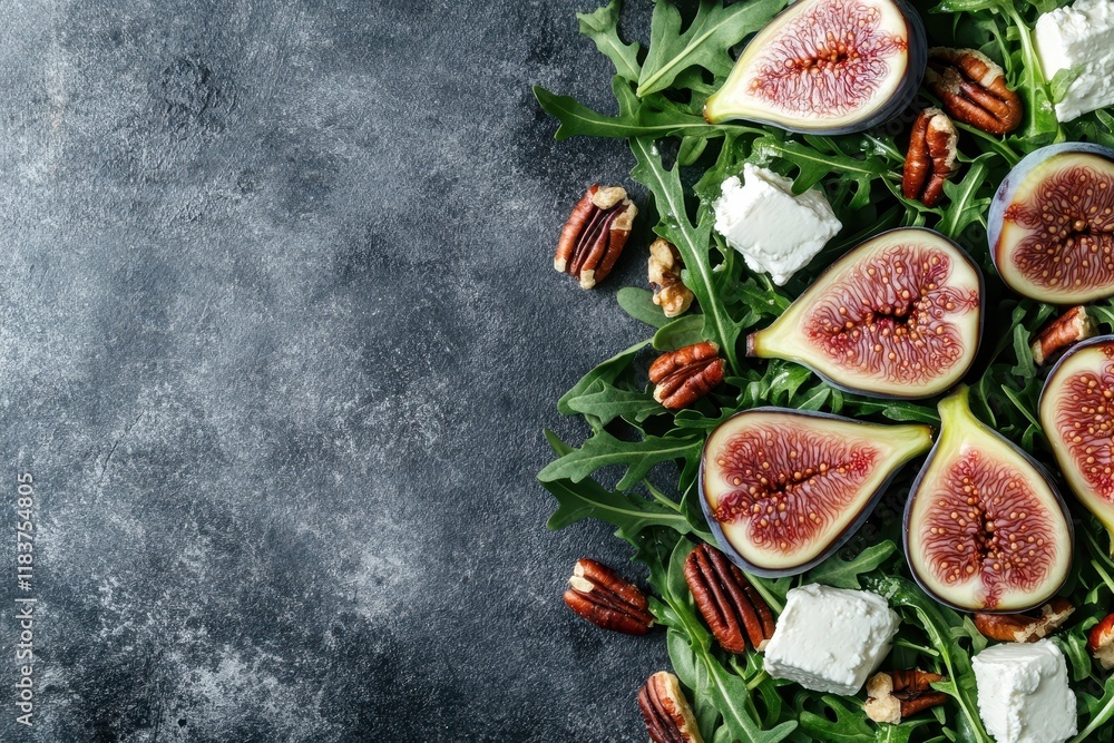 Salad with figs arugula feta and pecans overhead view empty space Salad with figs arugula feta and pecans overhead view empty space
