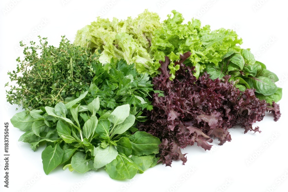 Salad with mixed greens and dressing on a white backdrop