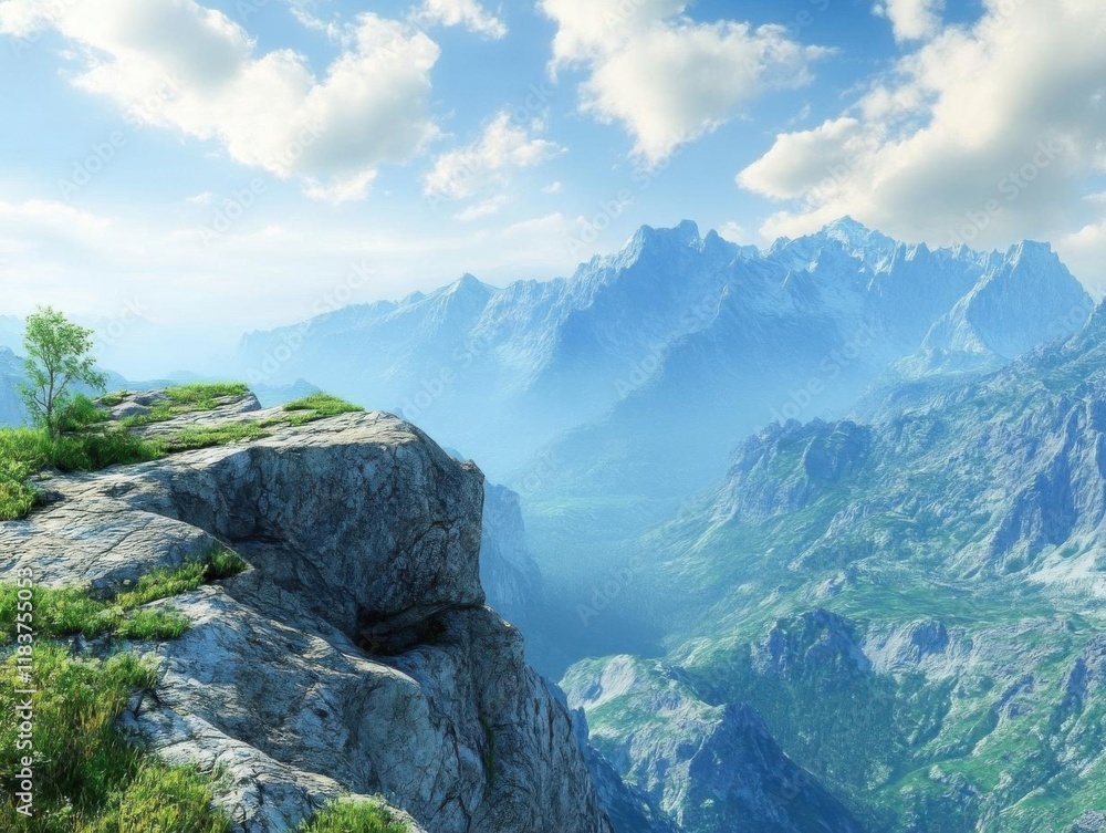 Obraz premium Mountain landscape with rocks and green grass under blue sky with clouds.