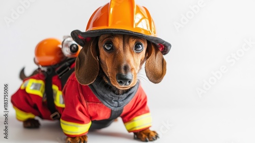 Dachshund Dressed as Firefighter in Bright Uniform