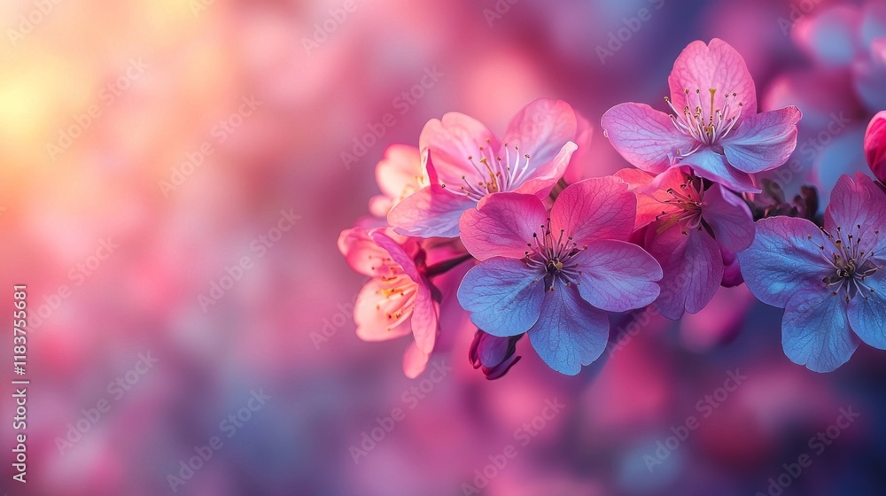 Fototapeta premium Cherry blossoms burst into bloom, their soft petals illuminated by hues of pastel pink and lavender. This tranquil moment showcases the arrival of spring, evoking a sense of peace and renewal