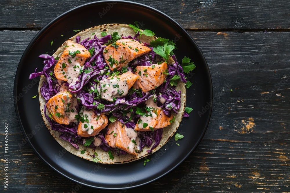 Salmon tacos topped with red cabbage salad and spicy yogurt garnished with chopped parsley arranged on a black plate over a dark wood table viewed from above Salmon tacos topped with red cabbage salad and spicy yogurt garnished with chopped parsley arranged on a black plate over a dark wood table viewed from above