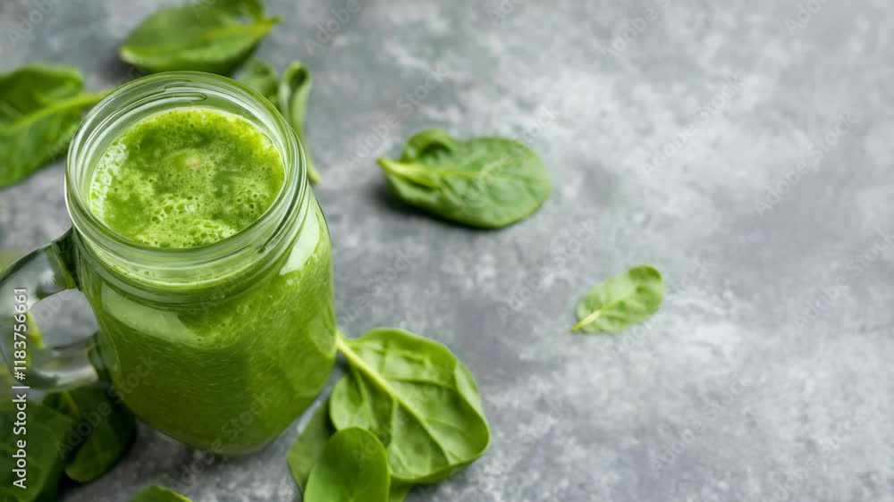 A refreshing green smoothie in a mason jar surrounded by fresh spinach leaves on a textured surface A refreshing green smoothie in a mason jar surrounded by fresh spinach leaves on a textured surface