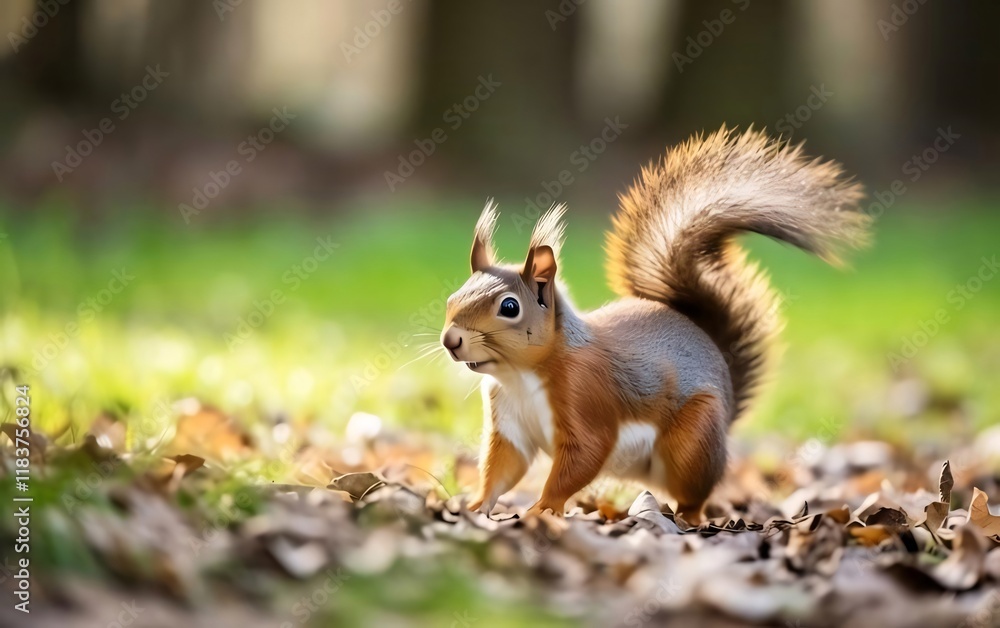 Red Squirrel Foraging Forest Sunlight Autumn. Red Squirrel Foraging Forest Sunlight Autumn.