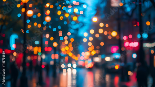 Night City Bokeh: Abstract urban nightscape with vibrant bokeh lights, reflecting on a rain-slicked street. Perfect for evoking feelings of mystery, romance, and urban exploration.  photo