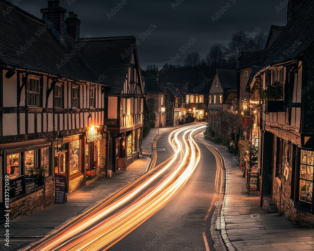 Fototapeta premium Long exposure of a quaint village street illuminated by street lamps and vehicle headlights.