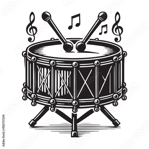Timpani Silhouette Vector Illustration, Solid White Background.