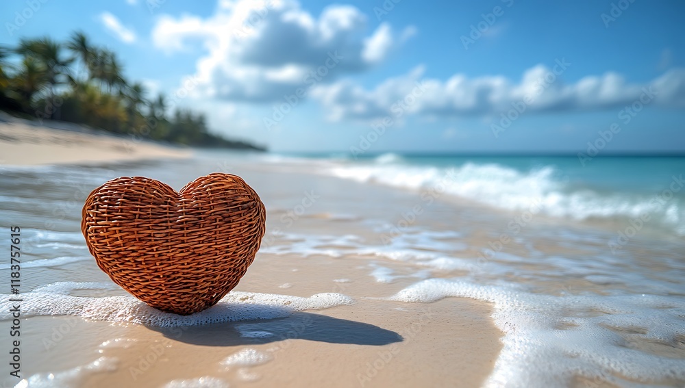 Fototapeta premium Happy Valentine Red Heart on a Beach with Cloudy Blue Sky and Water Waves