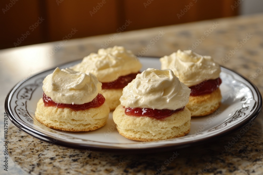 Scones topped with strawberry preserves and rich cream Scones topped with strawberry preserves and rich cream