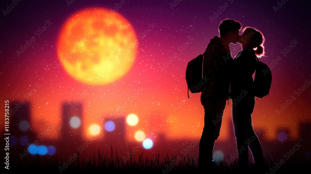 Silhouette of couple sharing kiss against vibrant sunset with glowing moon and city skyline in background, creating romantic atmosphere Silhouette of couple sharing kiss against vibrant sunset with glowing moon and city skyline in background, creating romantic atmosphere