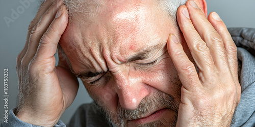 Man experiencing intense head pain, suffering in silence, desperately seeking relief from discomfort. photo