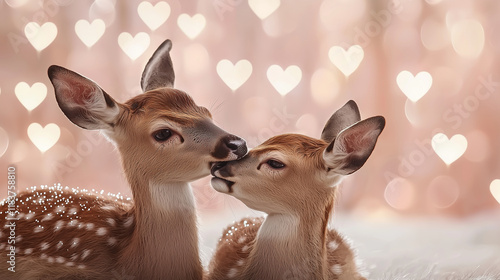 Two deer sitting together with their noses touching, surrounded by a blurred pink background and floating heart lights: Their delicate antlers are dusted with soft sparkles, comple photo