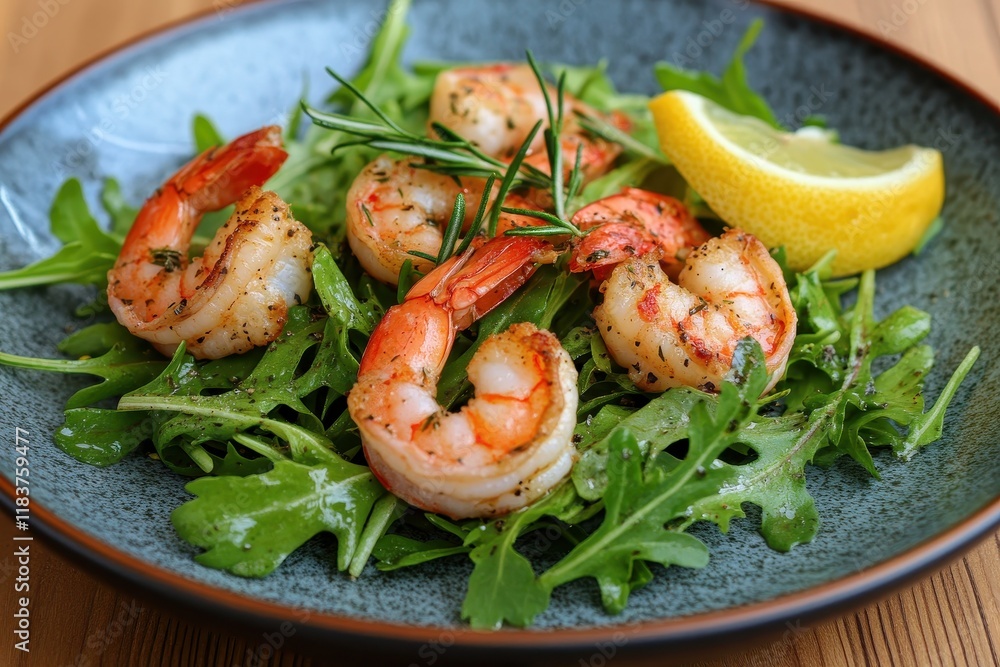 Shrimp salad with lettuce lemon and arugula on a blue plate set against a rustic wooden backdrop Healthy meal idea Shrimp salad with lettuce lemon and arugula on a blue plate set against a rustic wooden backdrop Healthy meal idea