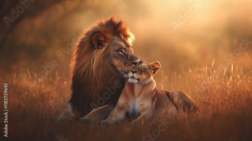 A pair of lions sitting majestically together on the golden savanna, with a blurred background of tall grasses and acacia trees: The maleâs flowing mane catches the sunlight as the