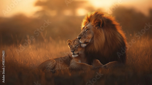 A pair of lions sitting majestically together on the golden savanna, with a blurred background of tall grasses and acacia trees: The maleâs flowing mane catches the sunlight as the photo