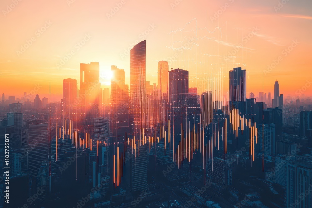 Bright sunrise illuminating a futuristic cityscape with financial graphs growing as buildings Bright sunrise illuminating a futuristic cityscape with financial graphs growing as buildings
