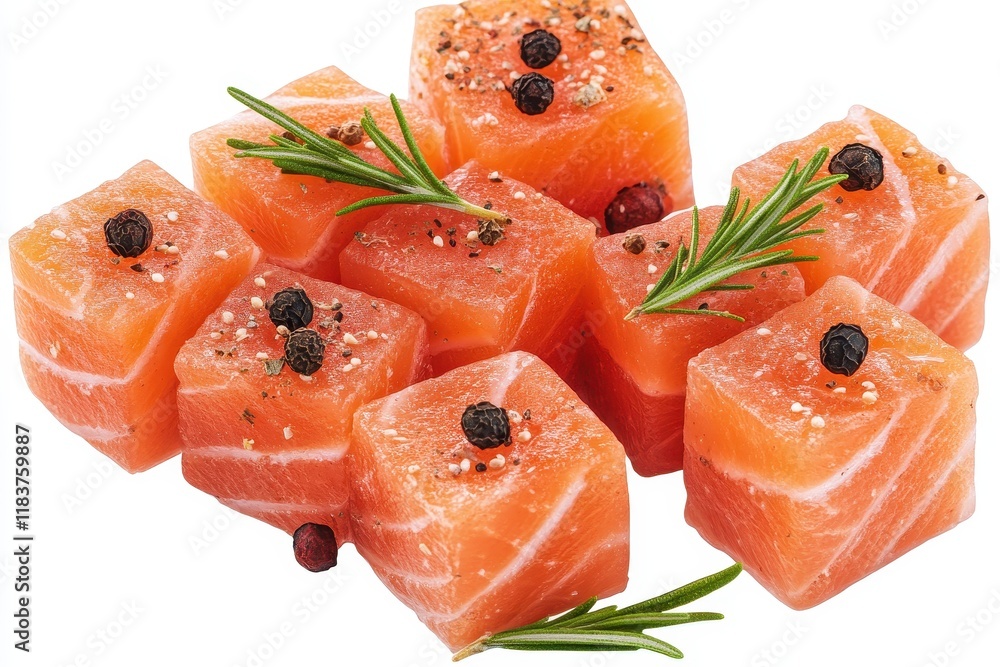 Sliced salmon on a white background with red fish cubes rosemary and peppercorns sushi or salad ingredient close up Sliced salmon on a white background with red fish cubes rosemary and peppercorns sushi or salad ingredient close up
