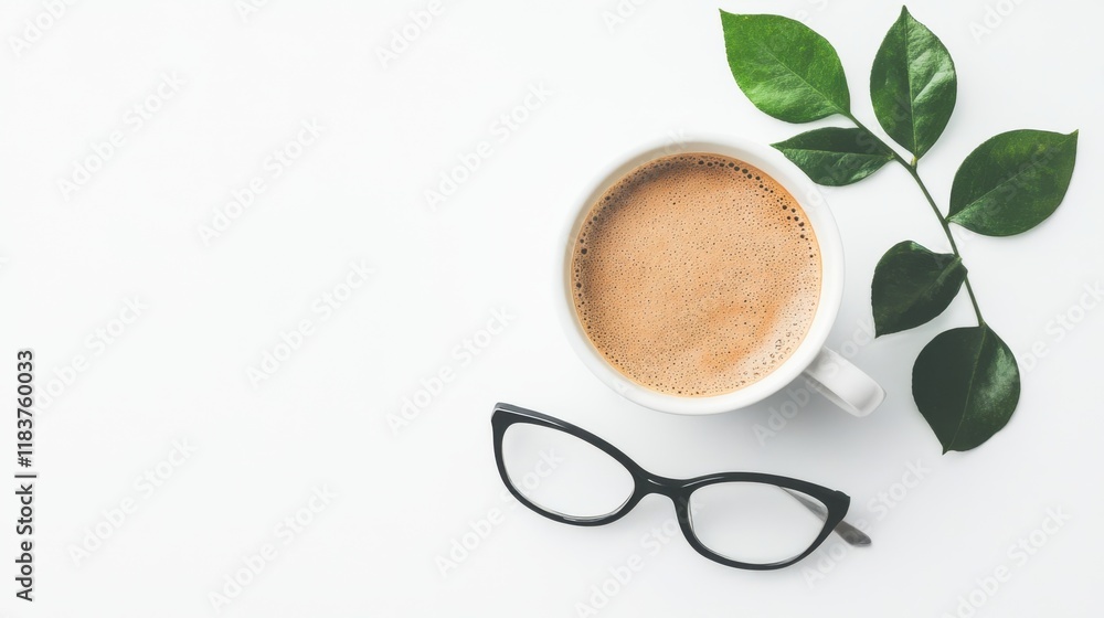 Coffee cup glasses with green leaves on white surface Coffee cup glasses with green leaves on white surface