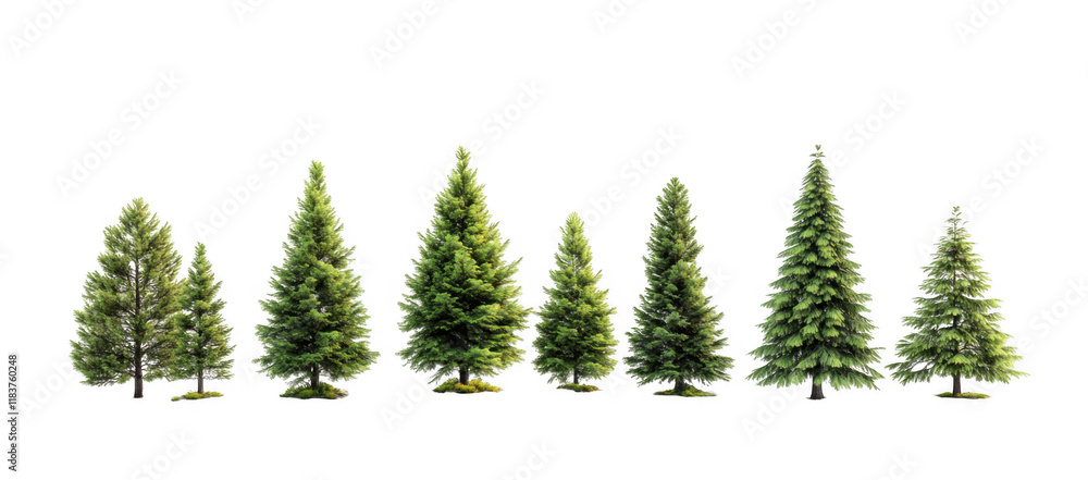 Obraz premium set of green trees isolated on transparency background, showcasing various coniferous species with lush foliage. These trees are perfect for nature themed designs or educational purposes