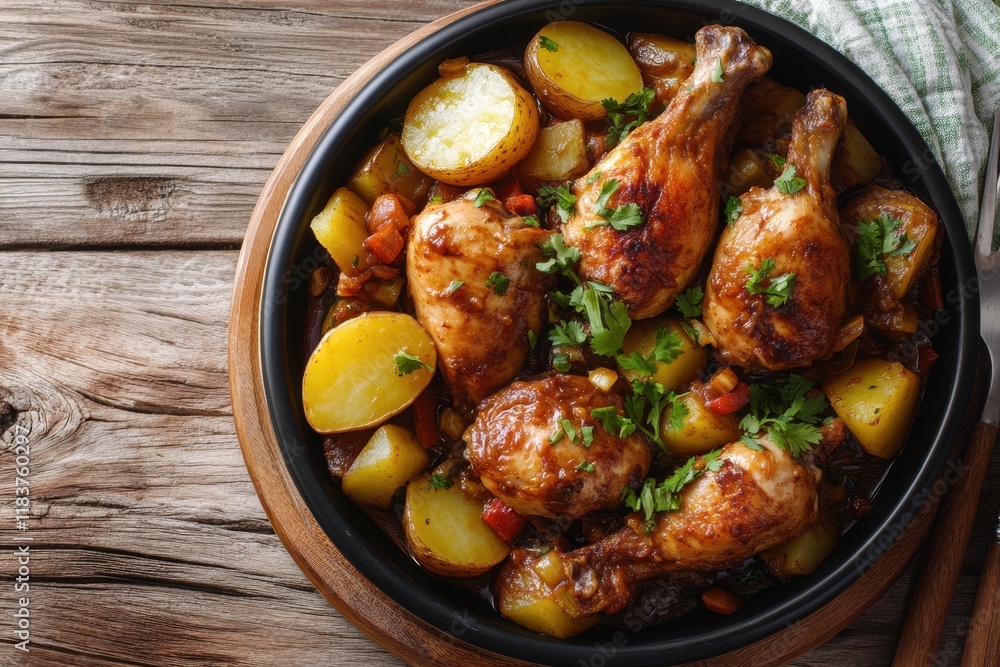 Soy sauce stir fried chicken with potatoes Ideal for recipes articles catalogs or commercial use with space for text Soy sauce stir fried chicken with potatoes Ideal for recipes articles catalogs or commercial use with space for text