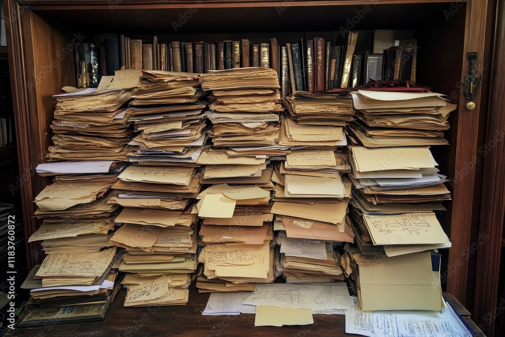 Stacks of papers organized by the secretary for board and investor meetings were on her desk Stacks of papers organized by the secretary for board and investor meetings were on her desk