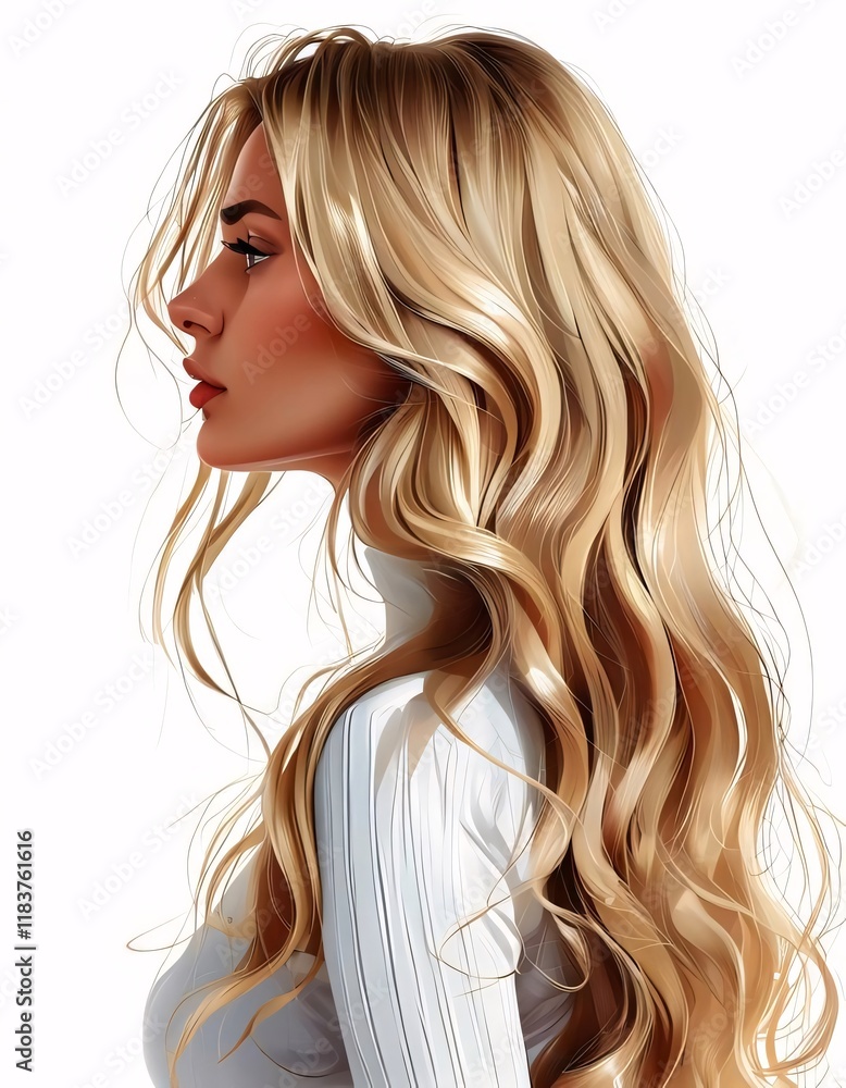 Blonde woman profile, sunlit, wavy hair, white top, digital art. Blonde woman profile, sunlit, wavy hair, white top, digital art.