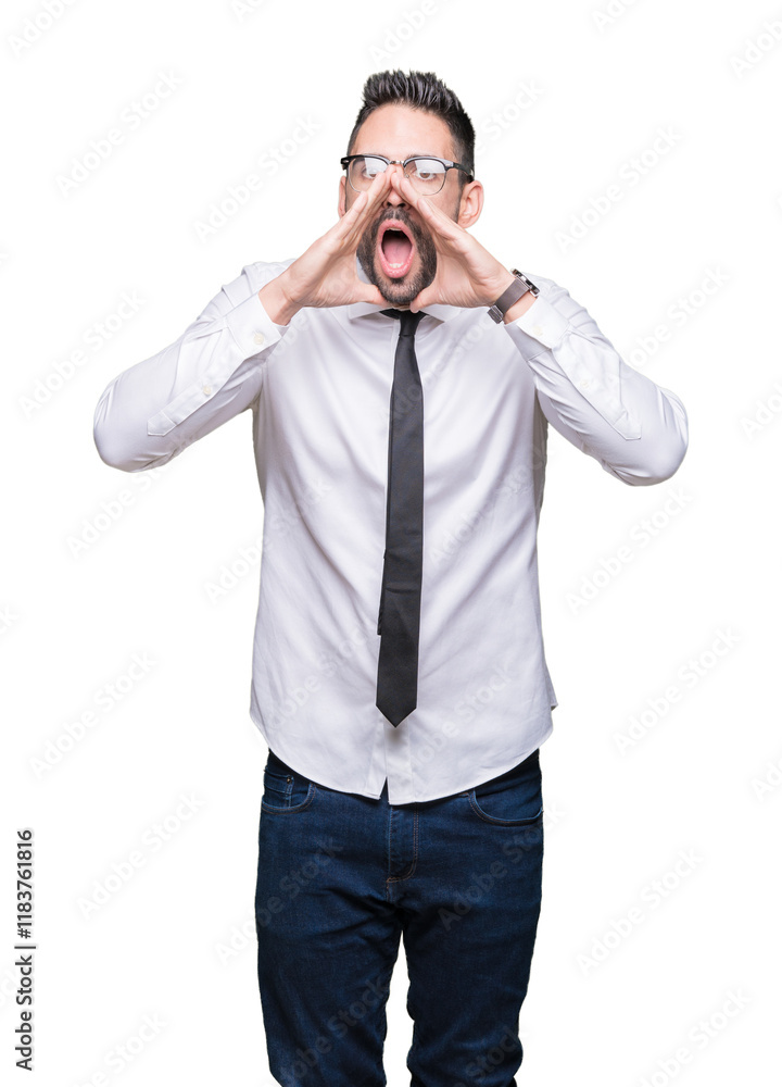 Young handsome business man wearing glasses over isolated background Shouting angry out loud with hands over mouth Young handsome business man wearing glasses over isolated background Shouting angry out loud with hands over mouth