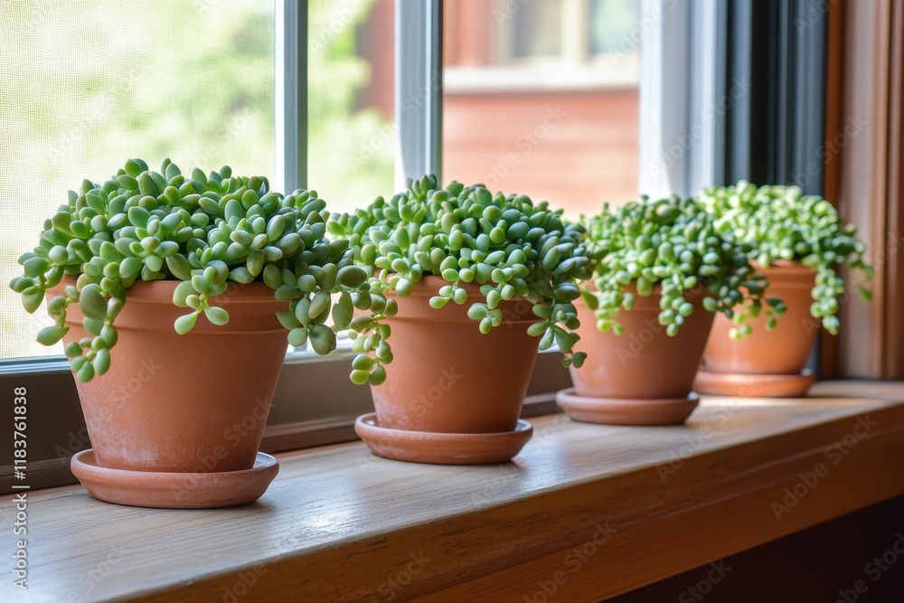 Succulent pearls in clay pots in a house sunroom Succulent pearls in clay pots in a house sunroom