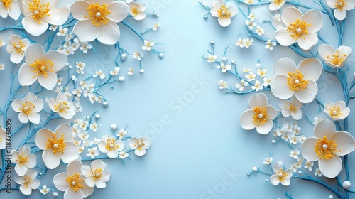 Abstract floral arrangement of 3D white and yellow blossoms with delicate blue branches on a pastel background. 