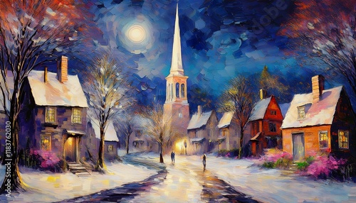 A tranquil winter night in a sleepy village, where the only sounds are the soft crunch of footsteps and the distant chime of church bells photo