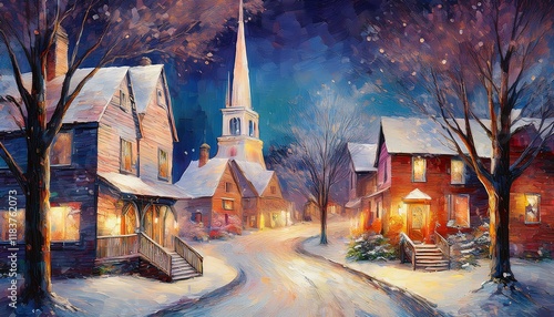 A tranquil winter night in a sleepy village, where the only sounds are the soft crunch of footsteps and the distant chime of church bells photo