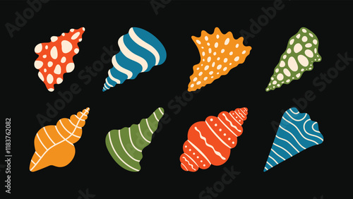 Vibrant seashell vector illustrations in various colors and patterns set on a sleek black background for marine designs