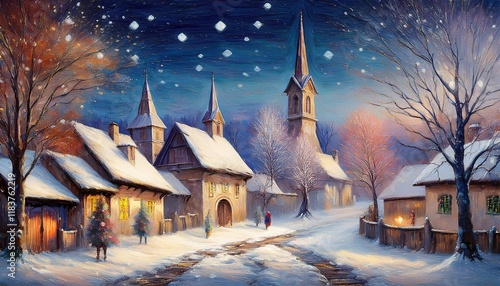 A tranquil winter night in a sleepy village, where the only sounds are the soft crunch of footsteps and the distant chime of church bells photo