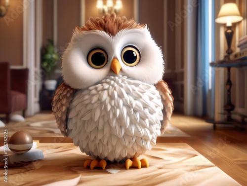 Cute owl sitting indoors, luxurious room background, 3D render, children's book illustration. photo