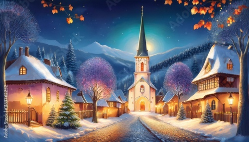 A tranquil winter night in a sleepy village, where the only sounds are the soft crunch of footsteps and the distant chime of church bells photo