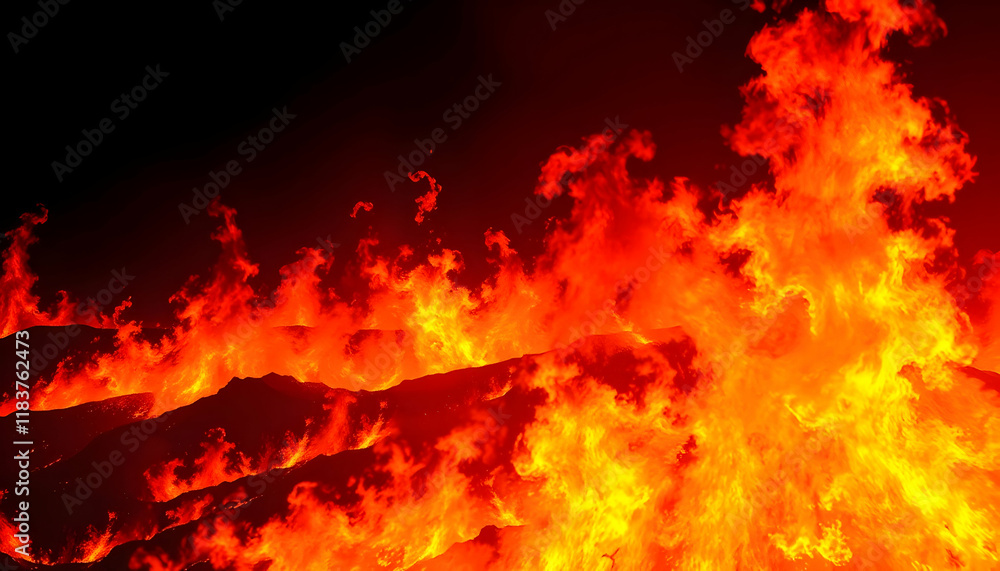 intense flames, raging fire, molten lava, volcanic eruption, glowing embers, dark night, scorching heat, red and orange hues, dramatic lighting, high contrast, destructive force of nature, apocalyptic