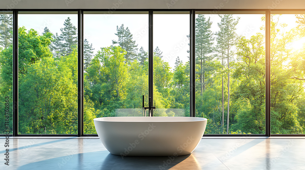 Fototapeta premium Corner view on bright bathroom interior with bathtub, double sink